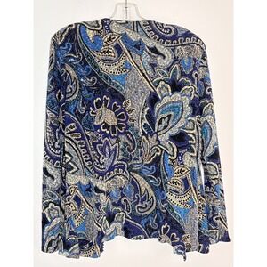 TanJay Blue Paisley Open Front Cardigan Metallic Gold Knit Sweater Womens Medium